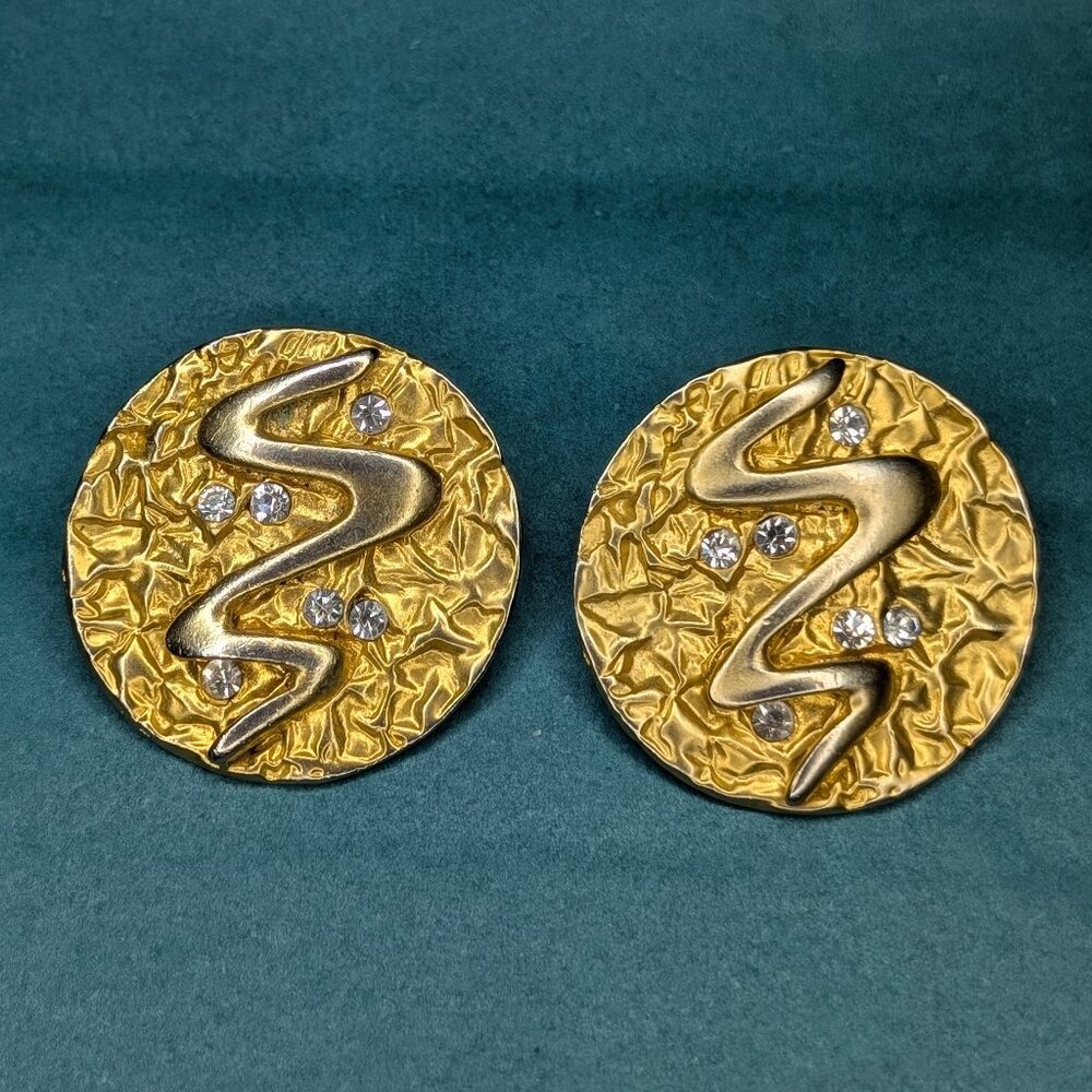XL Glamorous Vintage Avon Zig Zag Gold Tone Clip On Earrings with Rhinestones